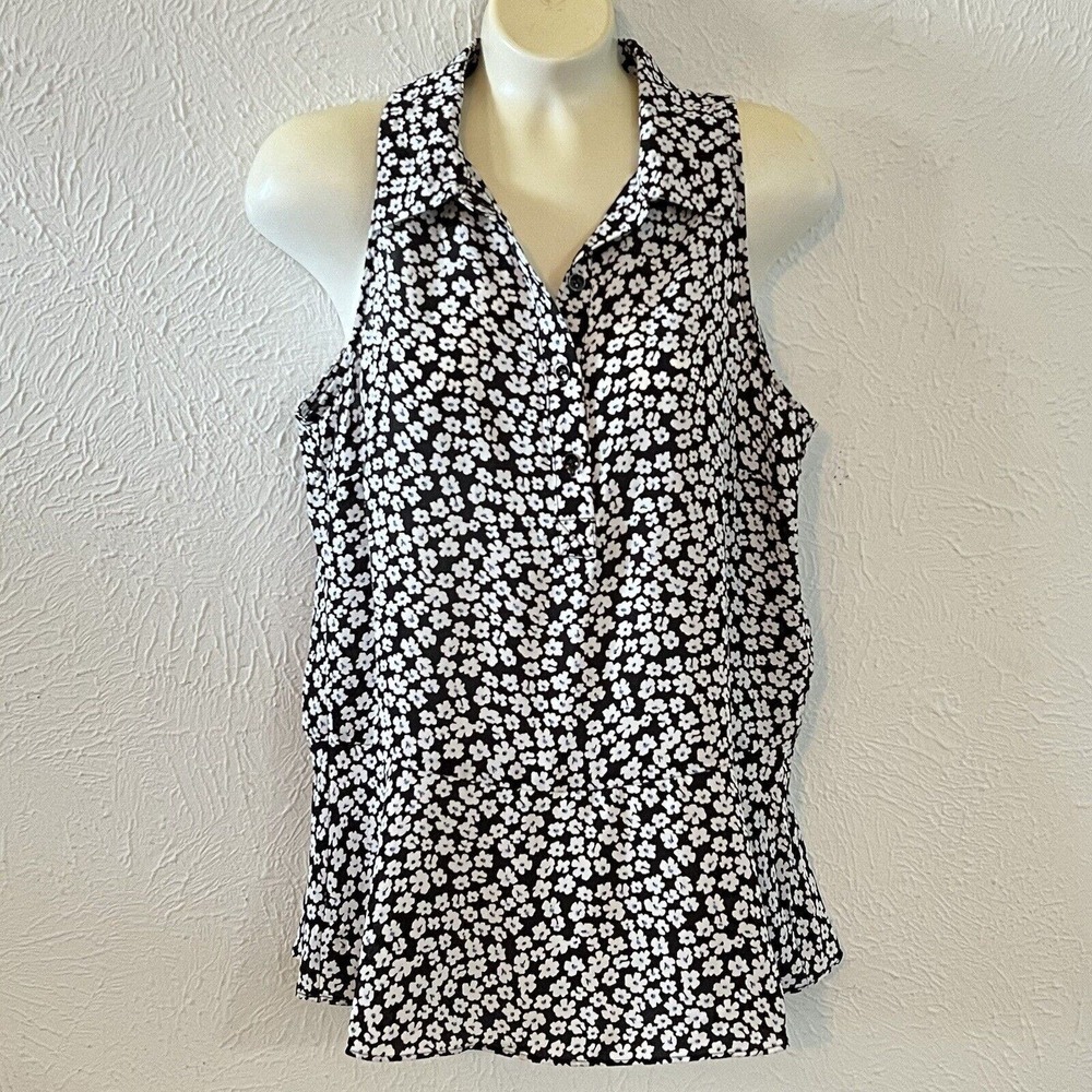 cAbi Women 5733 Befriend Black White Floral Print Sleeveless Collar Peplum Top S